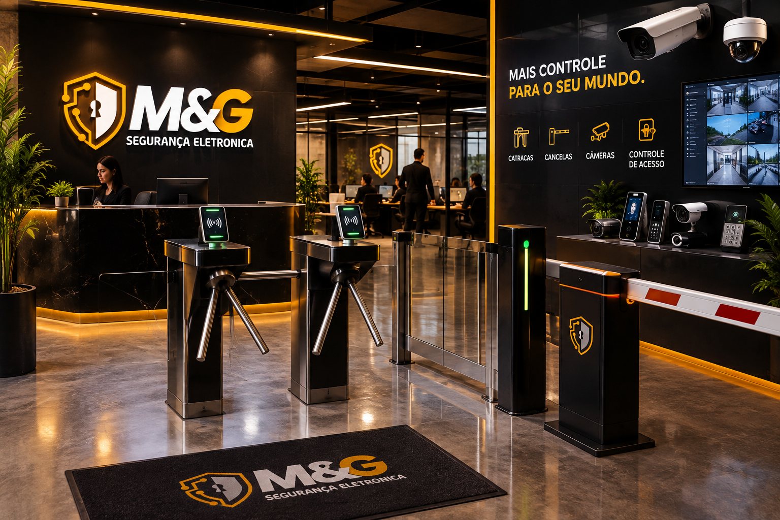 Recepção com catracas, cancela, leitores faciais e monitoramento M&G